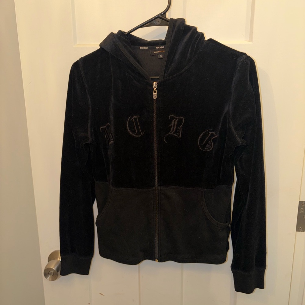BCBG Black Velour Hooded Zip Jacket